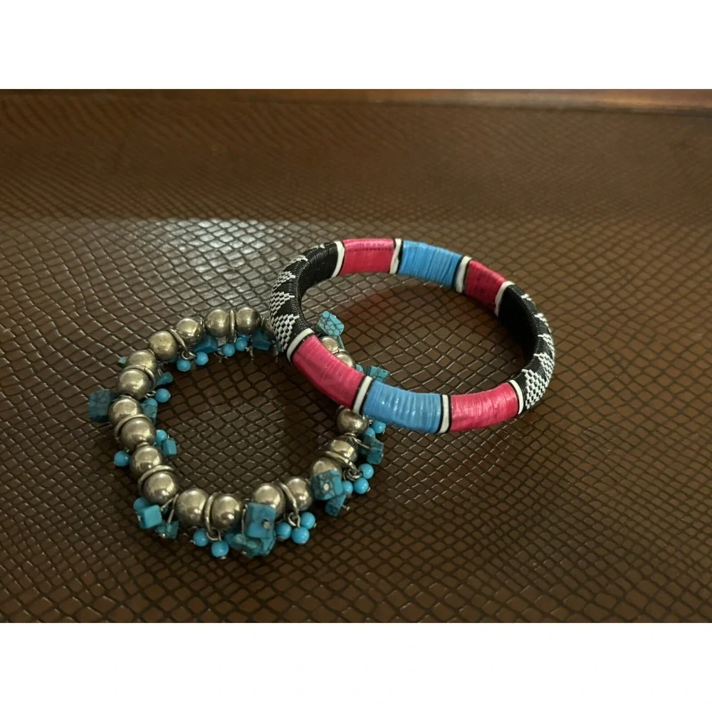 2 Bracelet Set Blue Pink Black Silver Women's Jewelry Beaded & Bangle Boho‎
